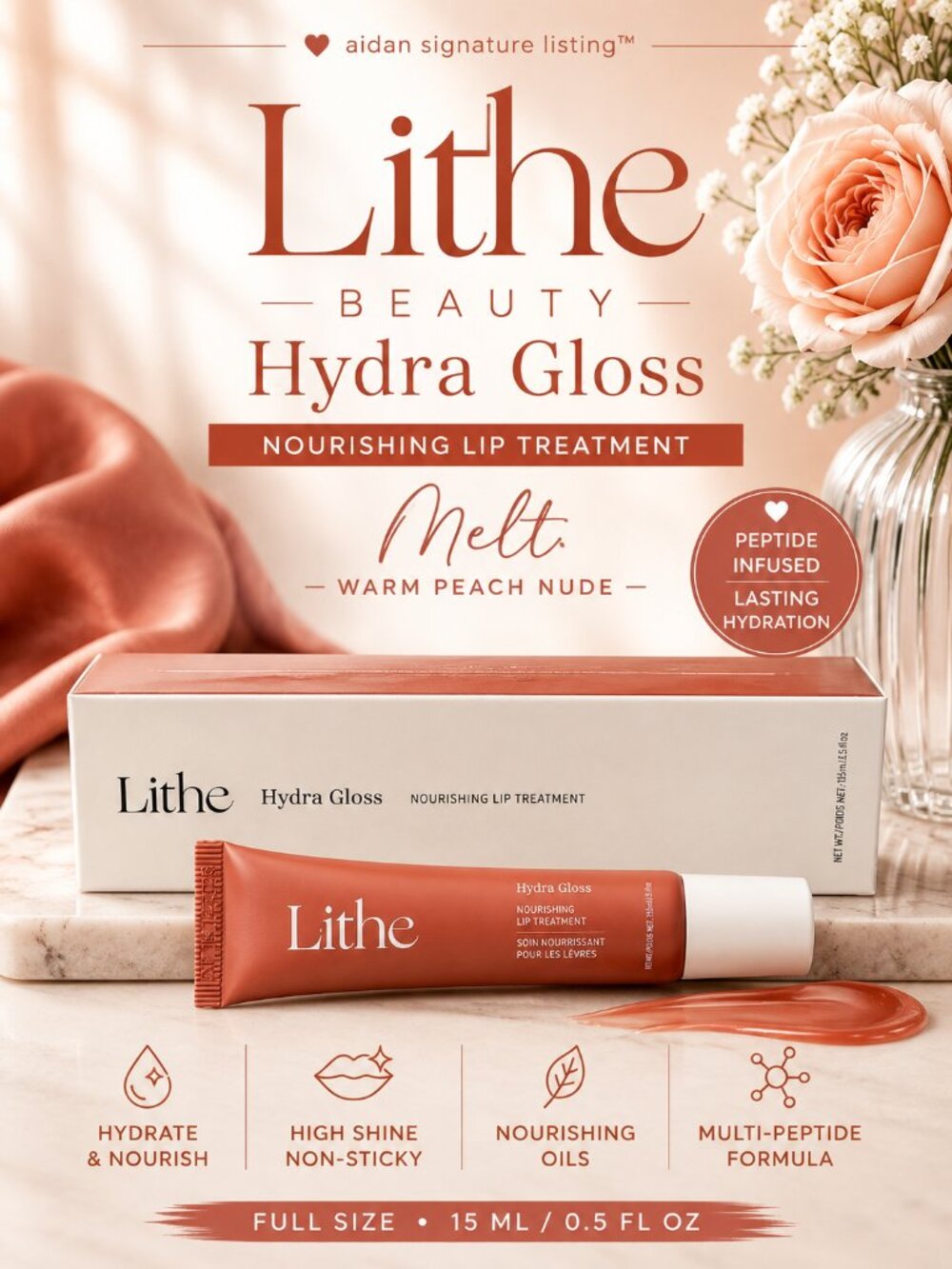 Lithe Beauty Hydra Gloss Melt Hydrating Peptide Nourishing Lip Treatment NIB
